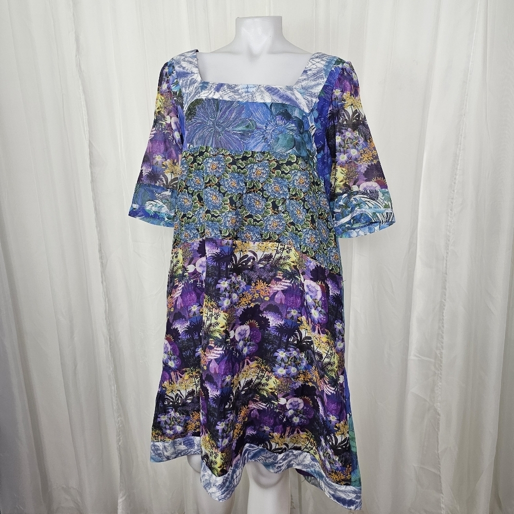 Koos Cotton Square Neck Floral Multicolor Patchwork Multipattern Dress Medium